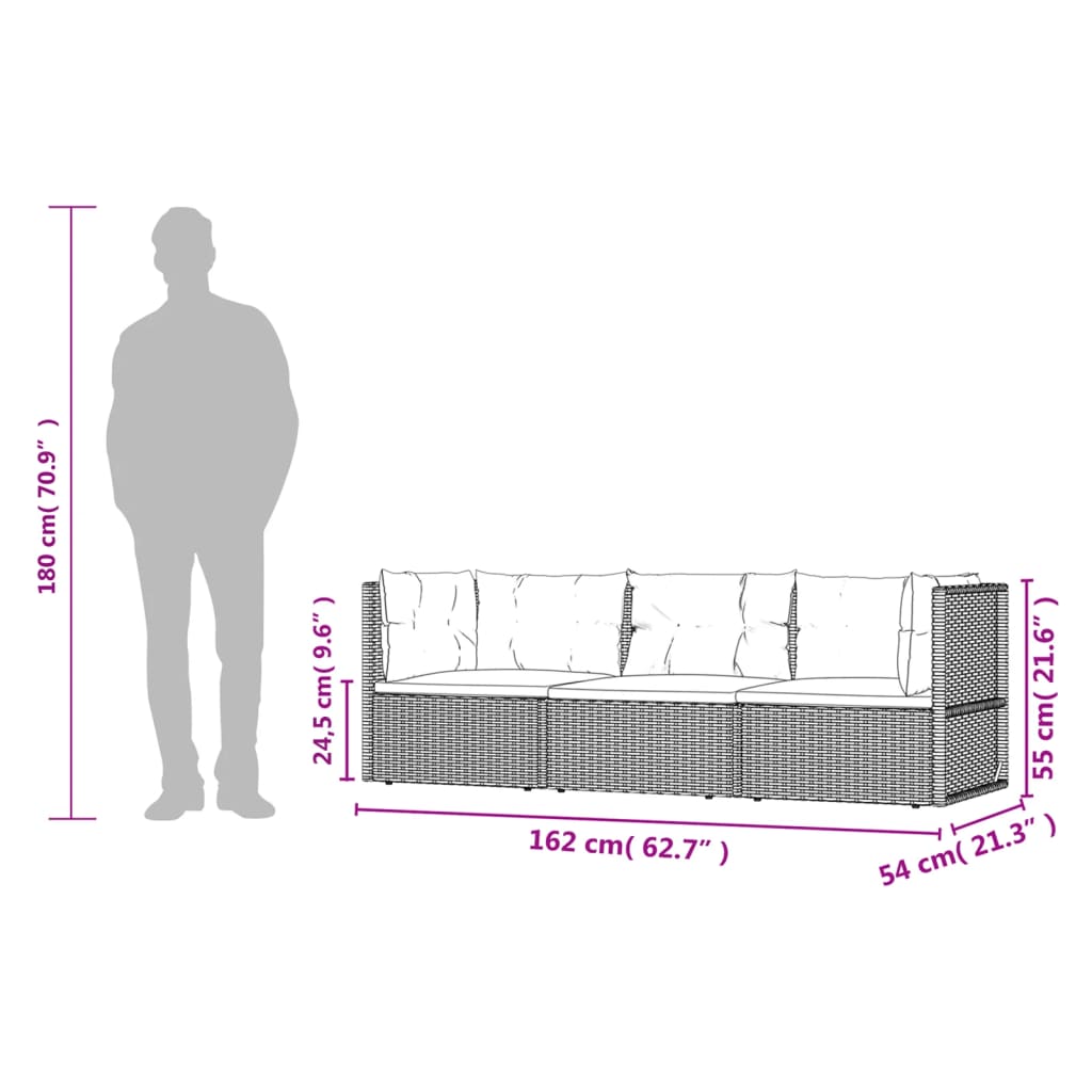 3-Delige Loungeset Met Kussens Poly Rattan