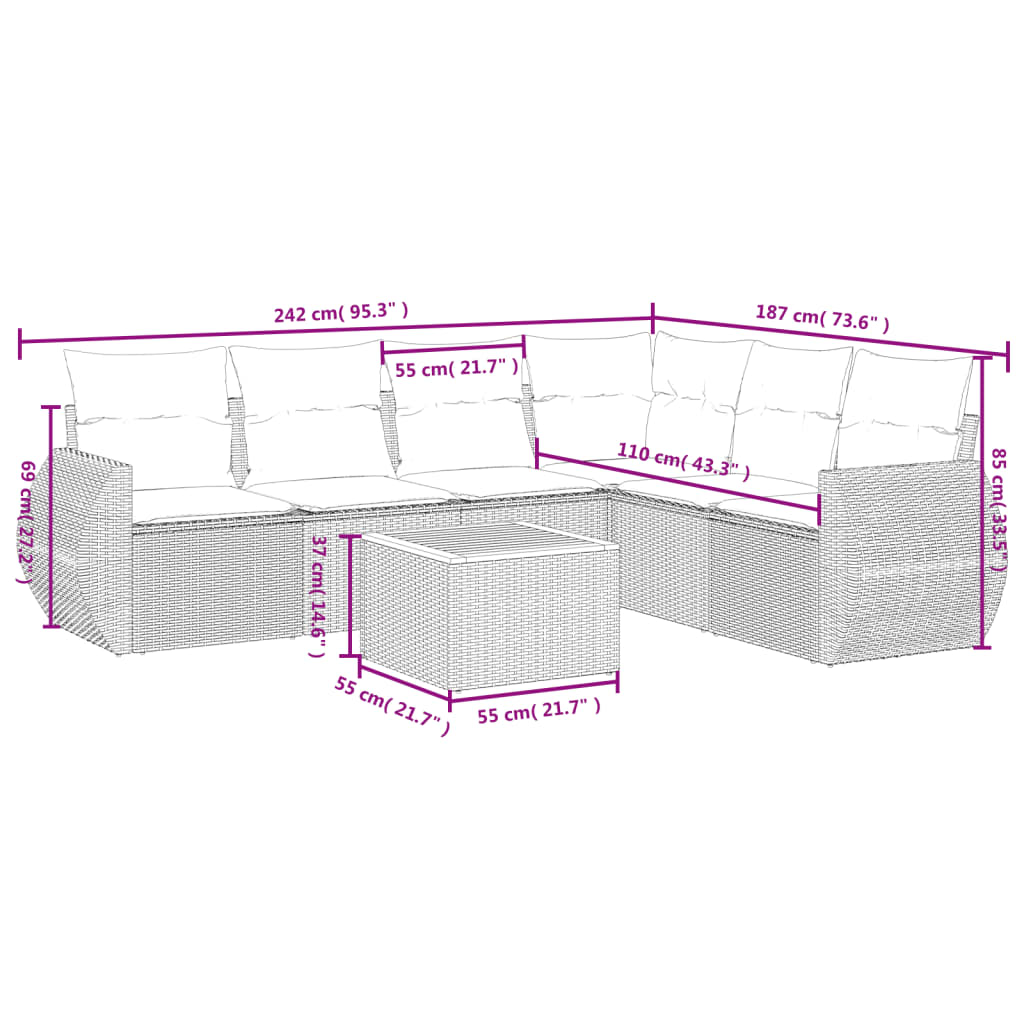 7-Delige Loungeset Met Kussens Poly Rattan