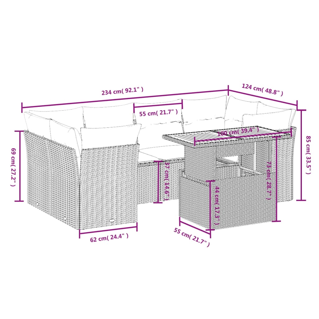 7-Delige Loungeset Met Kussens Poly Rattan