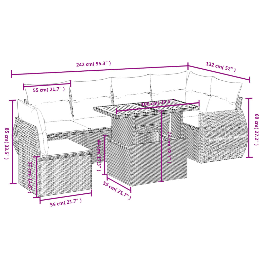 7-Delige Loungeset Met Kussens Poly Rattan